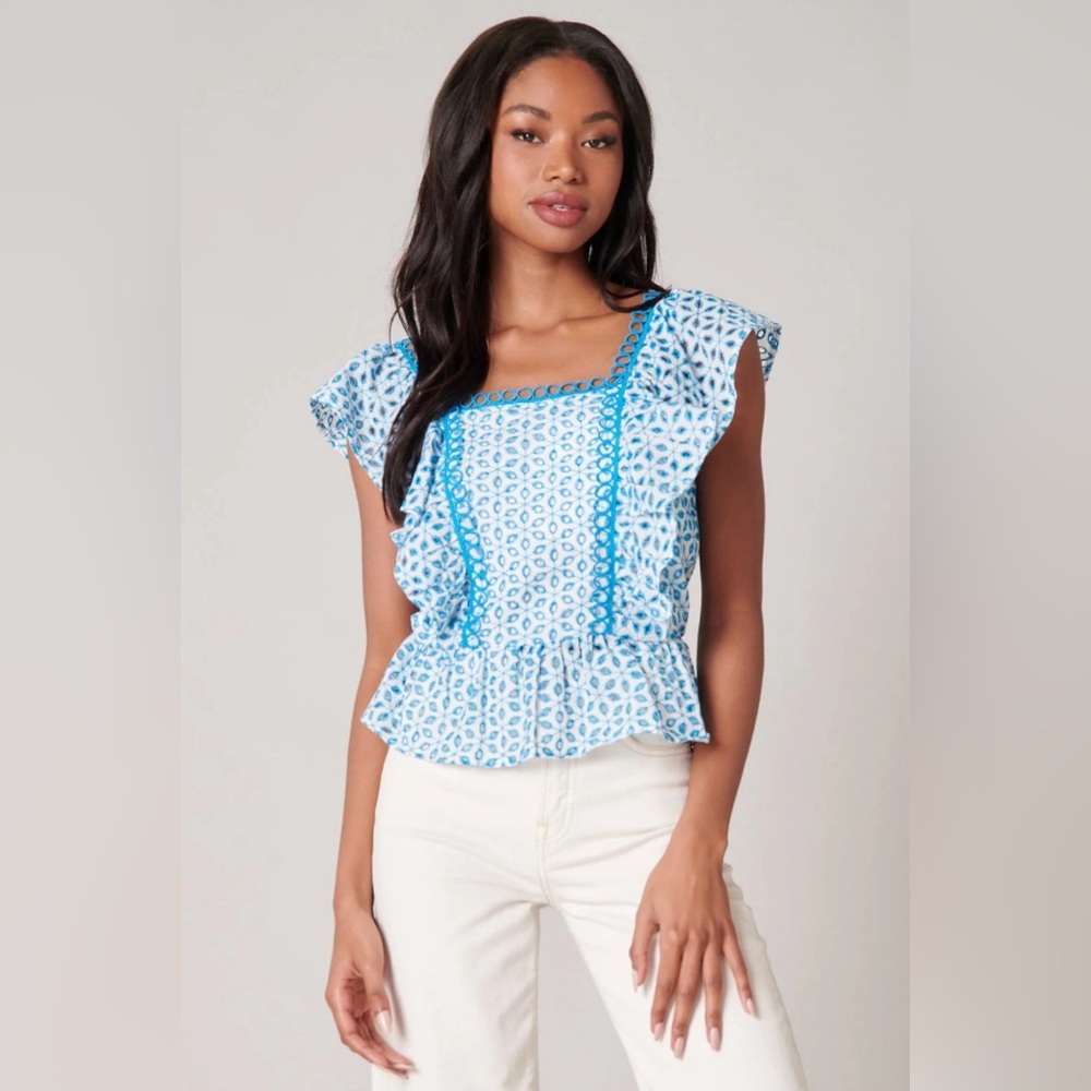 Sugarlips Backroad Eyelet Peplum Top Size Large Square Neck Elastic Waist EUC